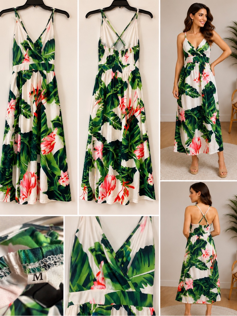 Tropical Leaf & Floral Maxi Dress — White with Green & Pink